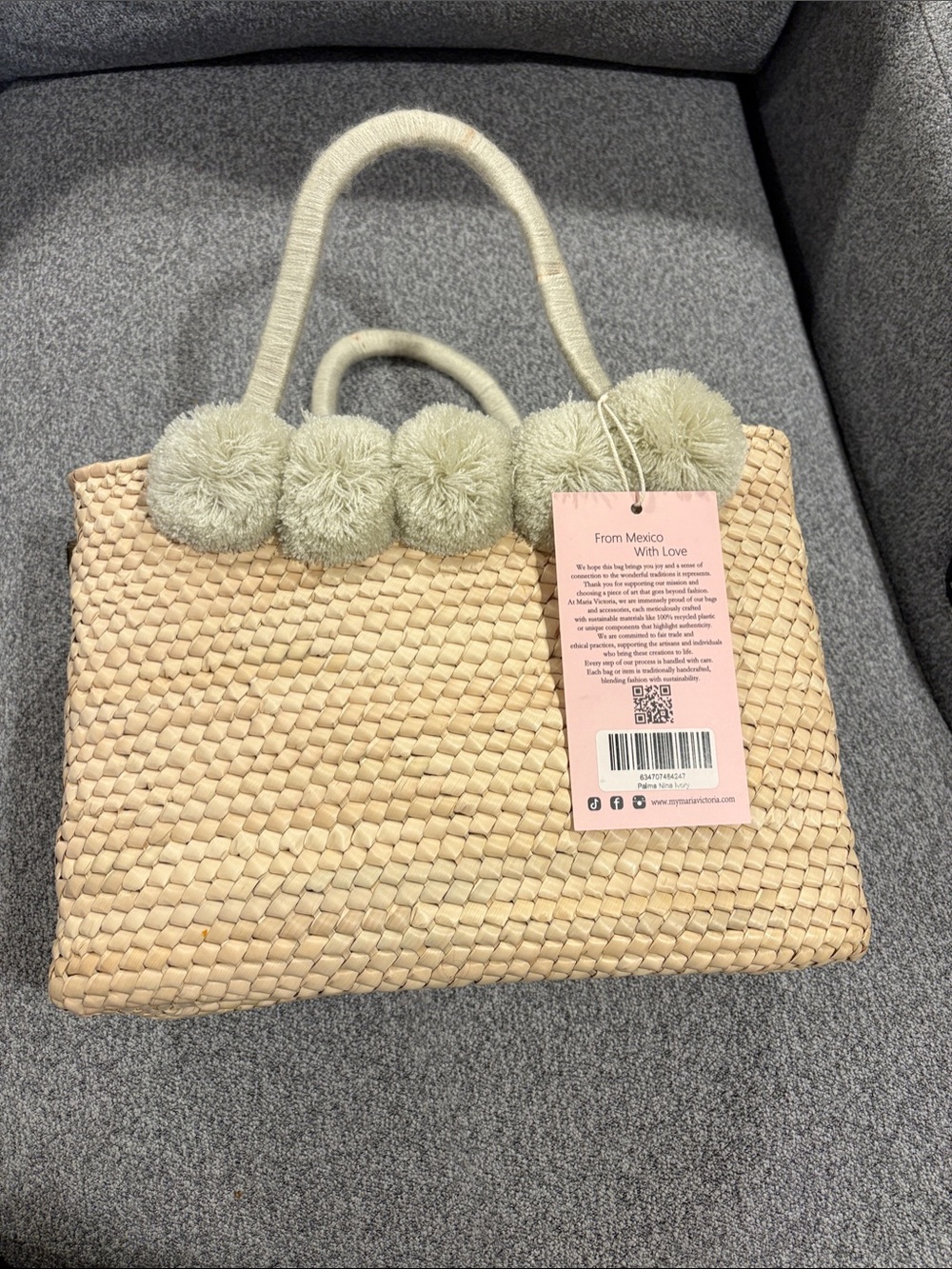 Maria Victoria Palma Nina Handwoven Straw Tote with Pom-Pom Trim - Natural